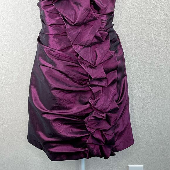 Lets Fashion Purple Taffeta Sleeveless Ruched Ruffle Party Mini Dress JR Large - Picture 7 of 13